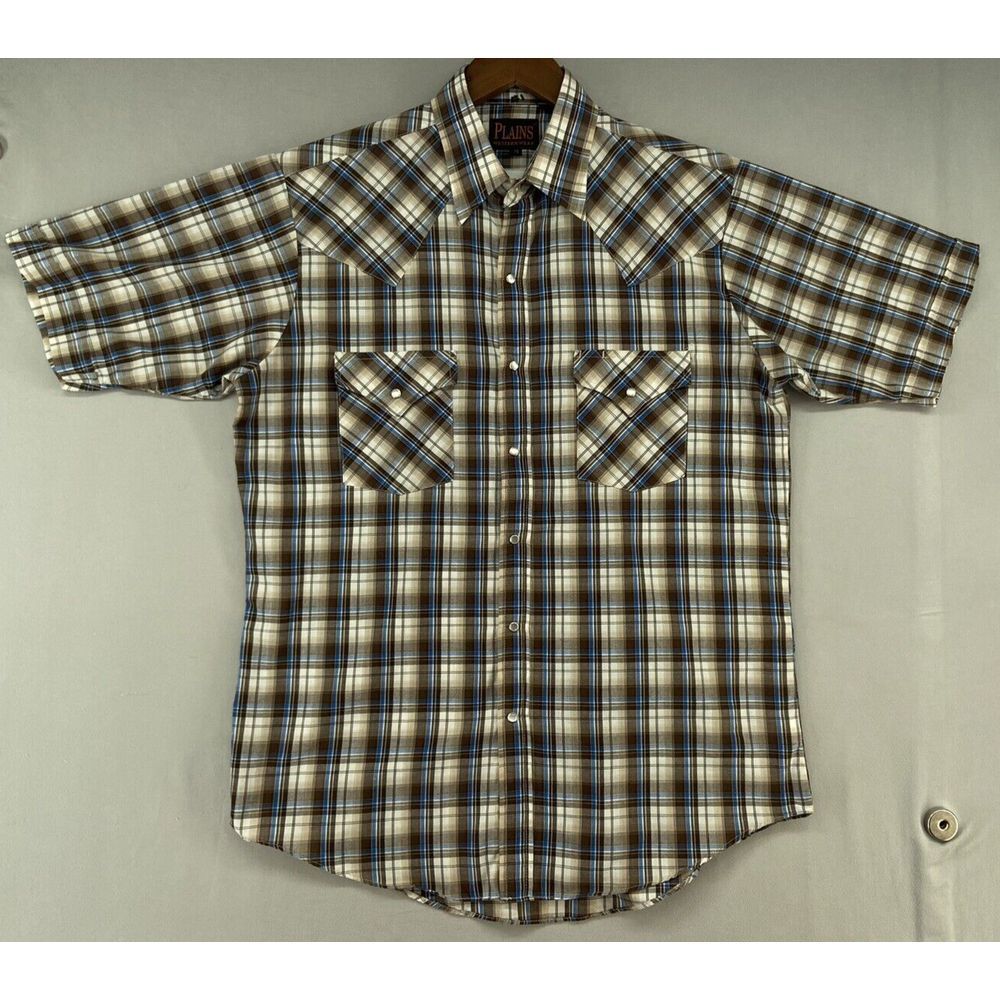 Plains Western Wear Shirt Mens MEDIUM Pearl Snap Buttons Short Sleeve Brown Blue